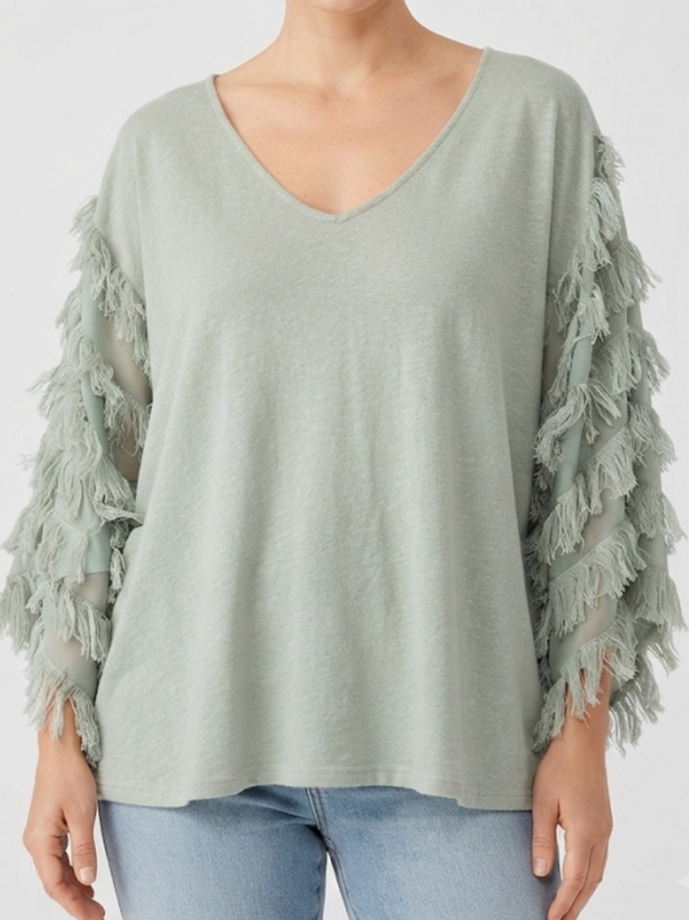 And The Why Women’s Fringed Sleeve V-Neck Pullover - Sage Green 1X / XL